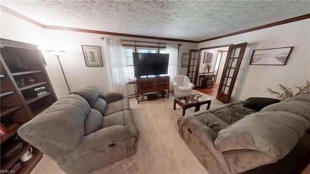 living area with carpet flooring, a textured ceiling, and crown molding