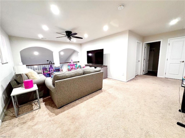 3432 Foxglove Dr, Toano, VA 23168 - living area with ceiling fan, baseboards, carpet flooring, recessed lighting, and arched walkways