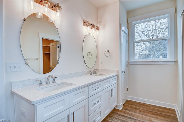 bathroom featuring baseboards, double vanity, a sink, and wood finished floors