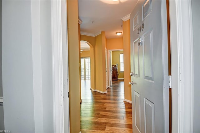 1400 Granby St Unit 309, Norfolk, VA 23510 - hallway with arched walkways, wood-type flooring, ornamental molding, and baseboards