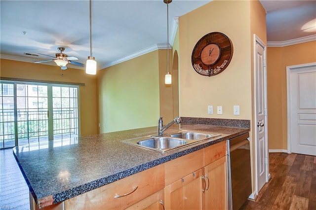1400 Granby St Unit 309, Norfolk, VA 23510 - kitchen featuring a sink, stainless steel dishwasher, a ceiling fan, ornamental molding, and dark countertops