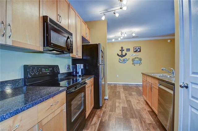 1400 Granby St Unit 309, Norfolk, VA 23510 - kitchen with black appliances, a sink, light brown cabinets, wood finished floors, and crown molding