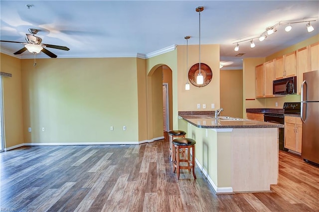 1400 Granby St Unit 309, Norfolk, VA 23510 - kitchen with black appliances, a sink, a ceiling fan, light brown cabinetry, and ornamental molding