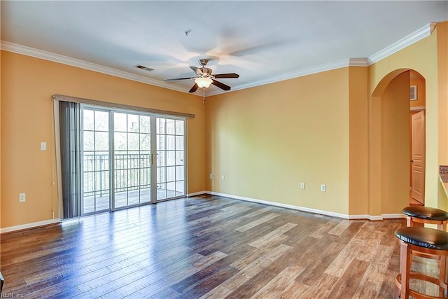 1400 Granby St Unit 309, Norfolk, VA 23510 - unfurnished room featuring arched walkways, ceiling fan, wood finished floors, crown molding, and baseboards