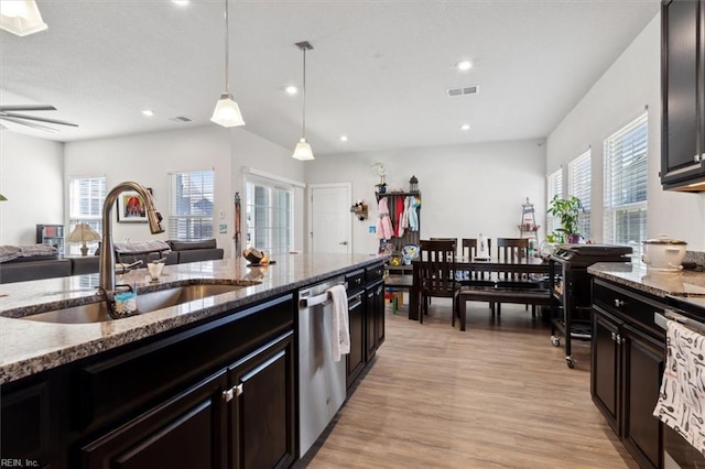 909 Porte Crayon St, Chesapeake, VA 23323 - kitchen with a sink, dishwasher, open floor plan, light wood-style floors, and pendant lighting