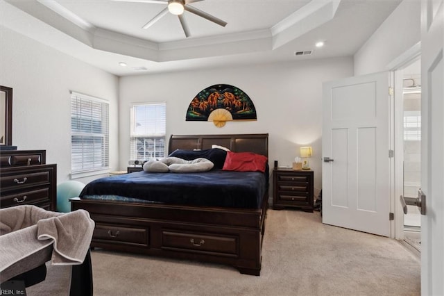 909 Porte Crayon St, Chesapeake, VA 23323 - bedroom featuring ornamental molding, light colored carpet, a tray ceiling, recessed lighting, and ceiling fan