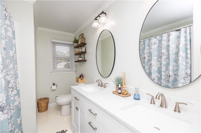 full bath with toilet, ornamental molding, double vanity, and baseboards