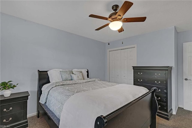 112 Two Turkey Run, Yorktown, VA 23692 - carpeted bedroom featuring a closet, baseboards, and a ceiling fan