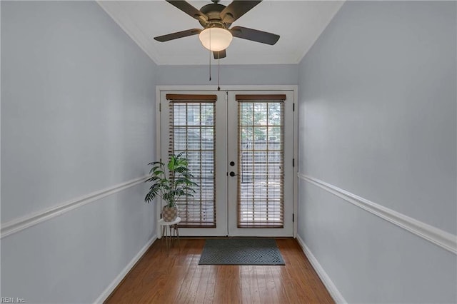 112 Two Turkey Run, Yorktown, VA 23692 - doorway with french doors, wood finished floors, baseboards, a ceiling fan, and crown molding