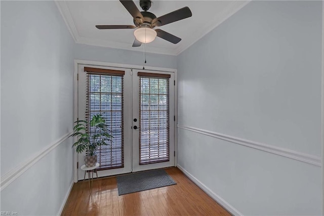 112 Two Turkey Run, Yorktown, VA 23692 - entryway featuring french doors, wood finished floors, ceiling fan, ornamental molding, and baseboards