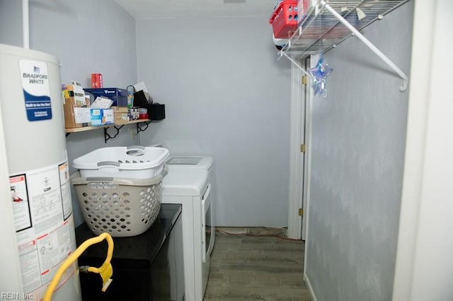 1132 Van Loen Dr, Virginia Beach, VA 23453 - laundry room featuring gas water heater, washer and dryer, and wood finished floors