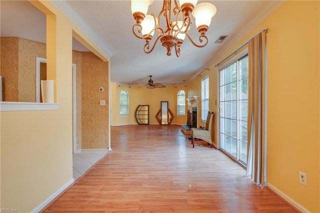 4813 Shallowford Cir, Virginia Beach, VA 23462 - hall with wood finished floors, crown molding, a chandelier, plenty of natural light, and wallpapered walls
