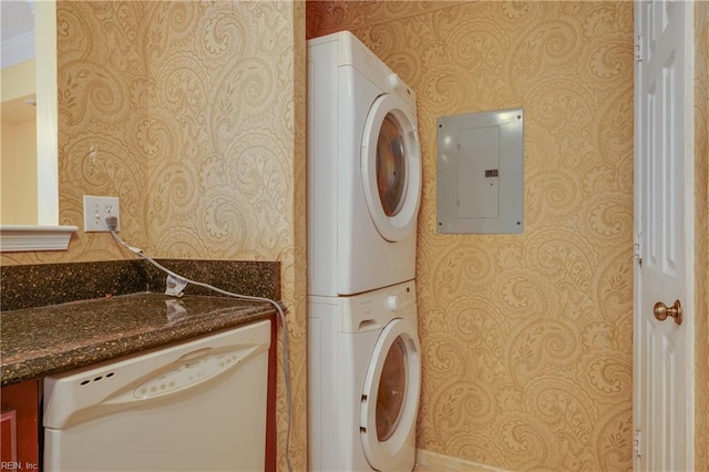 4813 Shallowford Cir, Virginia Beach, VA 23462 - laundry area featuring wallpapered walls, electric panel, and estacked washer and dryer
