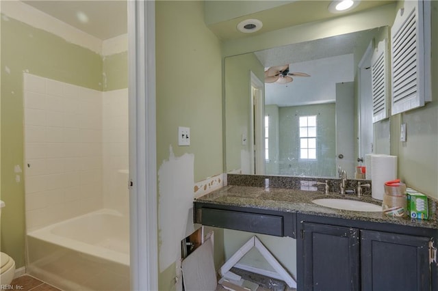 4813 Shallowford Cir, Virginia Beach, VA 23462 - bathroom with vanity, a ceiling fan, toilet, shower / bath combination, and tile patterned flooring