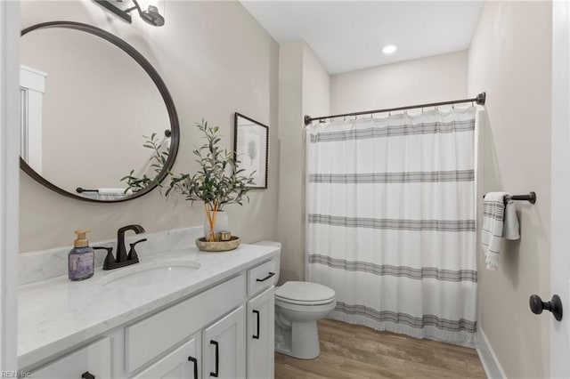 bathroom with wood finished floors, vanity, toilet, and a shower with shower curtain
