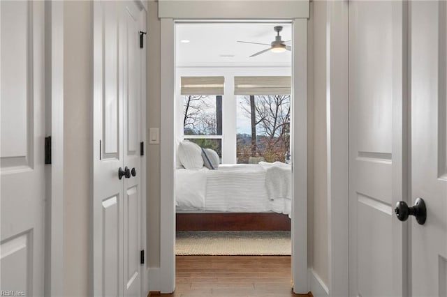 entryway with a ceiling fan, wood finished floors, and baseboards