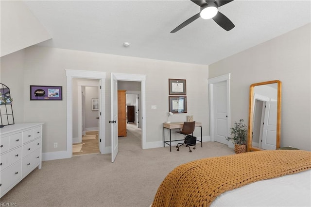 bedroom with light carpet, baseboards, and ceiling fan
