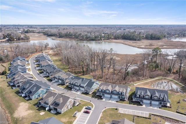 aerial perspective of suburban area with a large body of water