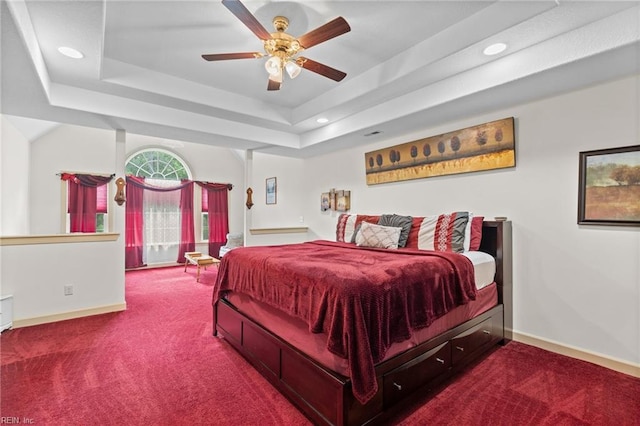 2234 Creekway Dr, Smithfield, VA 23430 - bedroom with carpet, a raised ceiling, baseboards, recessed lighting, and ceiling fan