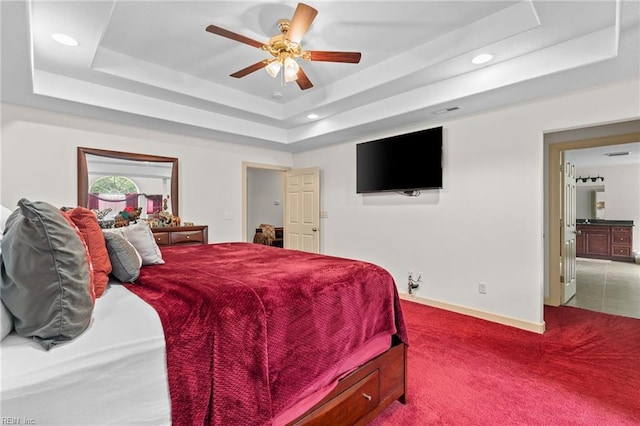2234 Creekway Dr, Smithfield, VA 23430 - carpeted bedroom featuring a tray ceiling, recessed lighting, baseboards, and ceiling fan