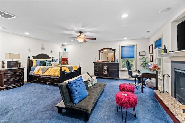 2234 Creekway Dr, Smithfield, VA 23430 - carpeted bedroom with a premium fireplace, recessed lighting, and ceiling fan