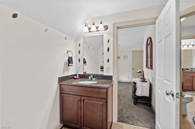 2234 Creekway Dr, Smithfield, VA 23430 - full bathroom with connected bathroom, vanity, lofted ceiling, a textured ceiling, and toilet