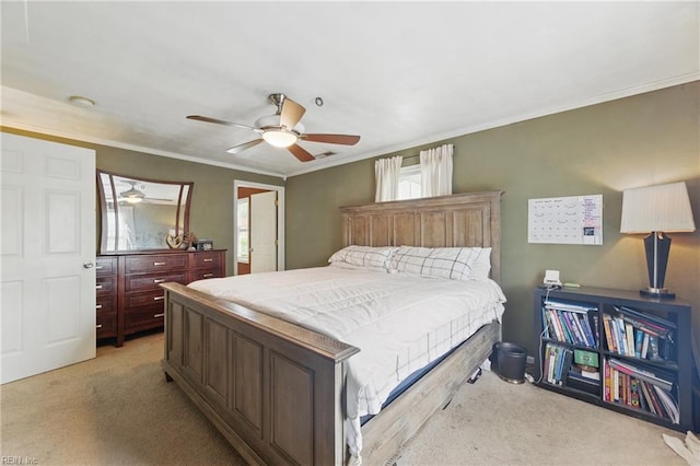 bedroom featuring light colored carpet, multiple windows, ornamental molding, and a ceiling fan