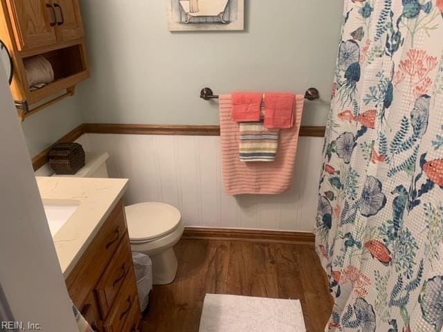 949 Kings Fork Rd, Suffolk, VA 23434 - full bath with wood finished floors, toilet, wainscoting, vanity, and baseboards