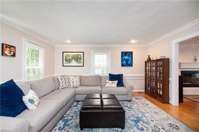 338 W Olney Rd, Norfolk, VA 23507 - living area with healthy amount of natural light, wood finished floors, crown molding, a glass covered fireplace, and recessed lighting