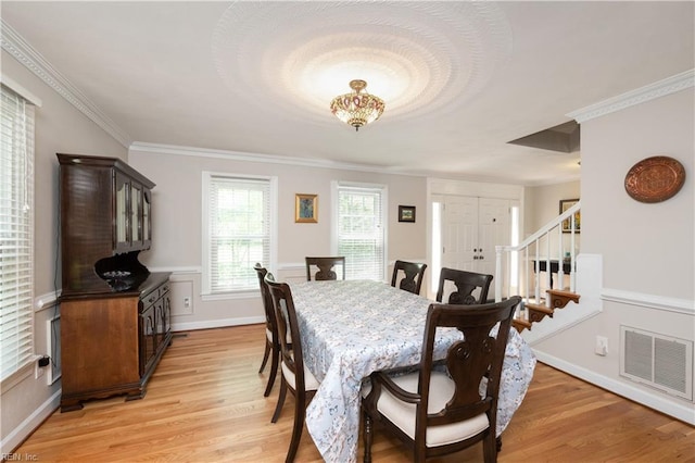 338 W Olney Rd, Norfolk, VA 23507 - dining room featuring light wood-style floors, ornamental molding, stairs, and baseboards