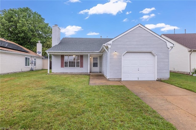 view of front facade featuring driveway, a garage, a front lawn, a chimney, and a shingled roof