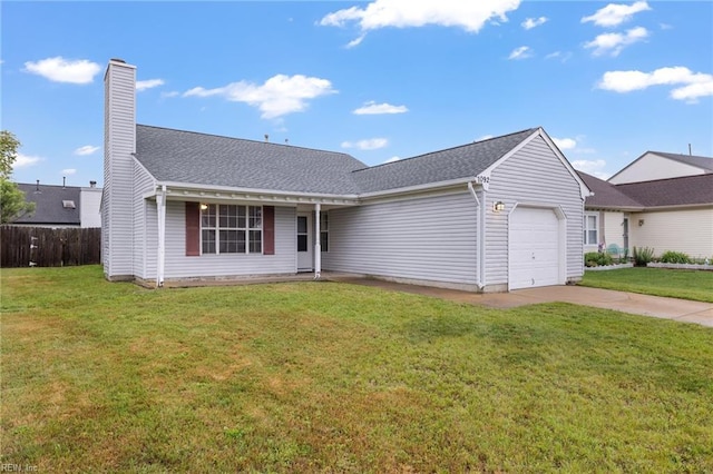 view of front of home featuring a garage, concrete driveway, a chimney, and a shingled roof