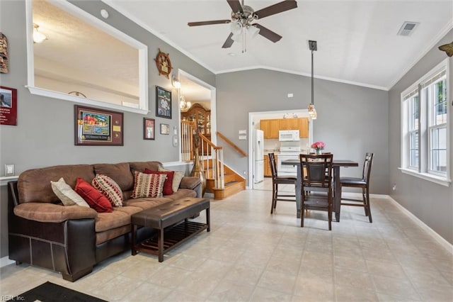 living room featuring stairs, crown molding, a ceiling fan, vaulted ceiling, and baseboards