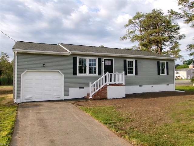 2 Trinity Dr, Poquoson, VA 23662 - view of front of home featuring crawl space, asphalt driveway, an attached garage, and a shingled roof