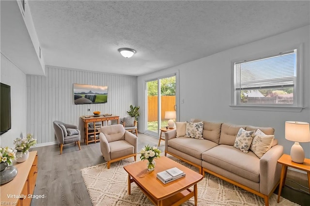 living room featuring wood finished floors, a textured ceiling, and baseboards