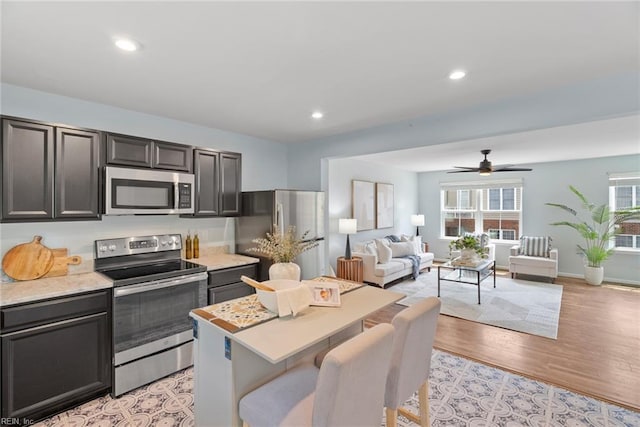 703 Lakeview Cv, Smithfield, VA 23430 - kitchen featuring stainless steel appliances, light countertops, recessed lighting, light wood finished floors, and ceiling fan
