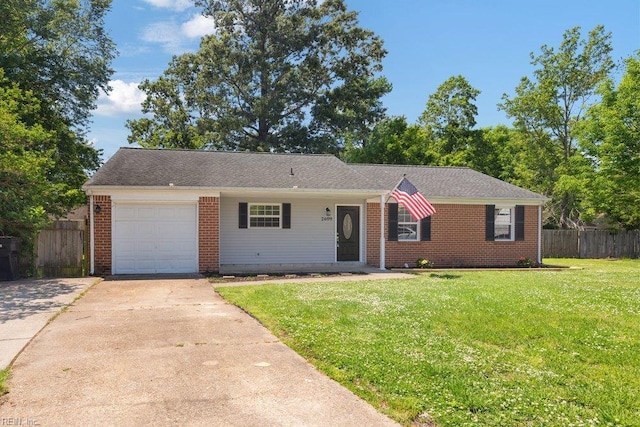 ranch-style house featuring an attached garage, concrete driveway, and brick siding