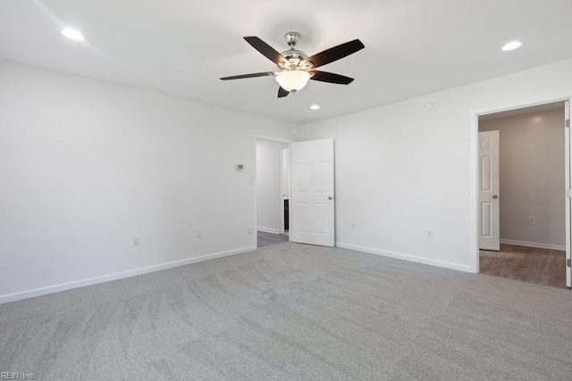 unfurnished bedroom featuring recessed lighting, baseboards, carpet floors, and a ceiling fan