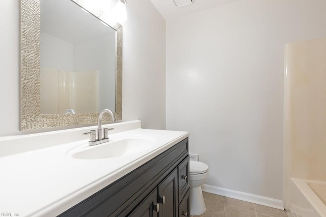 full bathroom with toilet, a shower, vanity, baseboards, and a bath