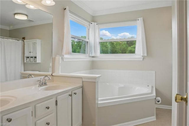 full bath with crown molding, double vanity, a garden tub, and baseboards