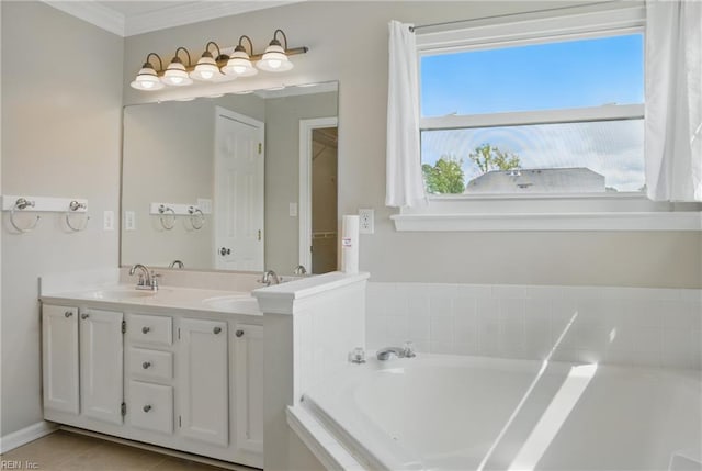 full bath with a bath, double vanity, and ornamental molding