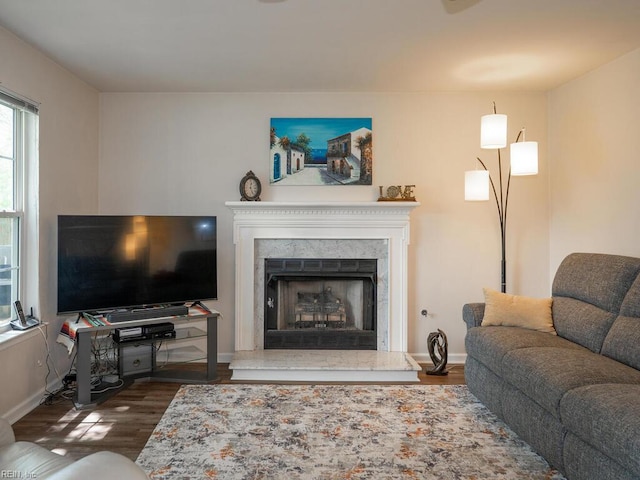 living room featuring wood finished floors, baseboards, and a high end fireplace