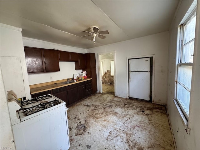 kitchen featuring gas range gas stove, dark brown cabinetry, healthy amount of natural light, and a sink
