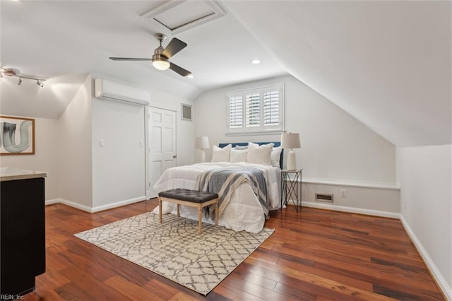 1276 Hebden Cv, Virginia Beach, VA 23452 - bedroom with an AC wall unit, vaulted ceiling, attic access, hardwood / wood-style flooring, and baseboards