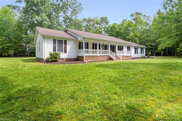 single story home featuring a porch, a front yard, and crawl space
