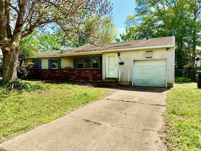 ranch-style house featuring an attached garage, concrete driveway, brick siding, and roof with shingles