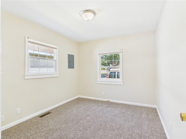 carpeted empty room featuring electric panel, healthy amount of natural light, and baseboards