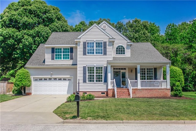 traditional home with covered porch, concrete driveway, an attached garage, crawl space, and roof with shingles