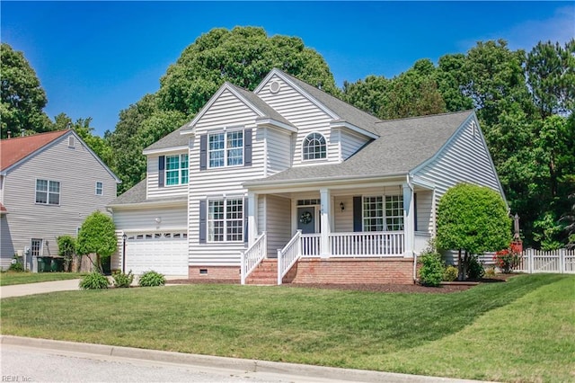traditional-style house featuring covered porch, driveway, a shingled roof, and crawl space