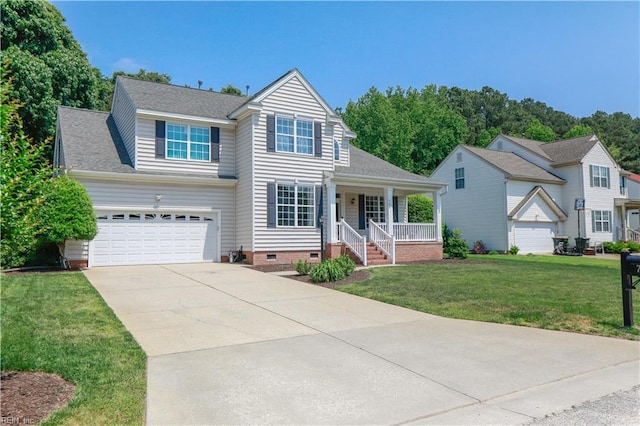 traditional-style house featuring a porch, crawl space, an attached garage, a front lawn, and concrete driveway